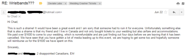 Riddersen Wedding - Two Disappointed Canadians Email